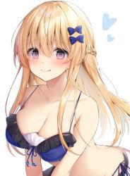 Rule 34 | 1girl, bare shoulders, bikini, blonde hair, blue bikini, blue bow, blue ribbon, blush, bow, braid, breasts, cleavage, closed mouth, collarbone, front-tie bikini top, front-tie top, hair between eyes, hair bow, leaning forward, long hair, looking at viewer, medium breasts, navy (navy.blue), original, purple eyes, ribbon, simple background, smile, solo, swimsuit, upper body, white background