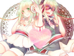 Rule 34 | 2girls, ;p, bad id, bad pixiv id, breasts, cowboy shot, dual persona, female focus, goggles, green eyes, green hair, gumi, headphones, matching hair/eyes, multiple girls, one eye closed, pekikokko, short hair, shorts, sitting, smile, tongue, tongue out, vocaloid, wink