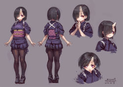 Rule 34 | 1girl, black footwear, black hair, blush, character sheet, closed mouth, grey background, hair over one eye, high heels, horns, japanese clothes, mole, mole under eye, multiple views, oni, open mouth, original, own hands together, pantyhose, purple eyes, short hair, signature, simple background, single horn, sleeves rolled up, smile, standing, suzuno (bookshelf), teeth, upper teeth only