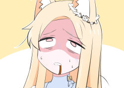 Rule 34 | 1girl, absurdres, animal ear fluff, animal ears, blonde hair, blue archive, bocchi the rock!, close-up, commentary request, flower, forehead, fox ears, fox girl, gloom (expression), hair flower, hair ornament, halo, highres, kakapomilk, liquid from mouth, long hair, looking at viewer, nervous sweating, parted bangs, portrait, school uniform, seia (blue archive), sidelocks, simple background, solo, sweat, turtleneck, two-tone background