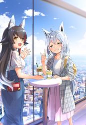 Rule 34 | 2girls, ahoge, alternate costume, animal ear fluff, animal ears, backpack, bag, black hair, blue sky, braid, cafe, casual, cityscape, claw pose, cloud, collarbone, commentary request, contemporary, cup, day, denim, denim skirt, disposable cup, drinking straw, fox ears, fox shadow puppet, green eyes, green nails, grin, hair between eyes, handbag, high-waist skirt, highres, hololive, indoors, jacket, kanya pyi, long hair, looking at viewer, medium hair, multicolored hair, multiple girls, nail polish, narrowed eyes, ookami mio, open clothes, open jacket, open mouth, pink skirt, pleated skirt, red hair, red nails, shirakami fubuki, shirt, short sleeves, side braid, silver hair, skirt, sky, smile, standing, streaked hair, table, virtual youtuber, white shirt, window, wolf ears, yellow eyes