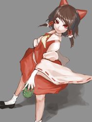 Rule 34 | 1girl, black footwear, bow, brown hair, closed mouth, commentary request, cookie (touhou), cup, detached sleeves, foot out of frame, grey background, hair bow, hakurei reimu, highres, johnnyyyyy, looking at viewer, medium hair, necktie, red bow, red eyes, red shirt, red skirt, reu (cookie), ribbon-trimmed sleeves, ribbon trim, shirt, shoes, simple background, skirt, sleeveless, sleeveless shirt, socks, solo, standing, touhou, white sleeves, white socks, yellow necktie, yunomi