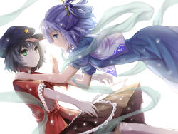 Rule 34 | 2girls, a luo, beret, black hair, blue dress, blue eyes, blue hair, dress, flying sweatdrops, green eyes, hair ornament, hair rings, hair stick, hand on shoulder, hat, highres, jiangshi, kaku seiga, light particles, miyako yoshika, multiple girls, ofuda, open clothes, open vest, outstretched arms, puffy sleeves, shawl, shirt, short hair, short sleeves, skirt, star (symbol), touhou, vest, wide sleeves, zombie pose