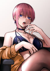 Rule 34 | 1girl, bare shoulders, blue eyes, bra, breasts, brown cardigan, brown pantyhose, cardigan, choker, cleavage, collarbone, commentary, couch, earrings, eyebrows hidden by hair, go-toubun no hanayome, hair between eyes, highres, jewelry, kogai no nanigashi, large breasts, licking, licking finger, light purple hair, looking at viewer, midriff, nakano ichika, necklace, off shoulder, pantyhose, purple bra, purple choker, ring, saliva, short hair, sidelocks, simple background, sitting, solo, teeth, tongue, tongue out, underwear, upper teeth only, white background