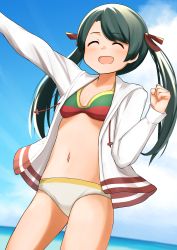 Rule 34 | 1girl, alternate breast size, arm up, beach, bikini, black hair, blue sky, breasts, cloud, commentary request, cowboy shot, day, closed eyes, highres, horizon, jacket, kantai collection, long hair, mikuma (kancolle), mismatched bikini, open mouth, outdoors, sky, small breasts, smile, solo, standing, swimsuit, twintails, white jacket, yotubawatane