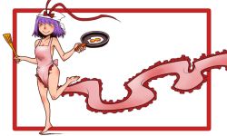 Rule 34 | 1girl, apron, barefoot, breasts, cleavage, closed eyes, collarbone, egg (food), food, framed, frying pan, hat, hat ribbon, nagae iku, naked apron, onikobe rin, outside border, oversized clothes, purple hair, ribbon, smile, solo, spatula, sunny side up egg, touhou