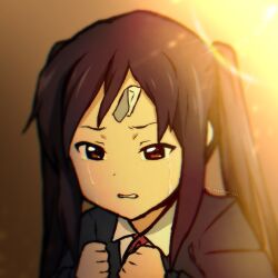 Rule 34 | 1girl, bandaid, bandaid on face, bandaid on forehead, black hair, brown eyes, clenched hands, clenched teeth, crying, crying with eyes open, hashtag-only commentary, highres, k-on!, lens flare, long hair, nakano azusa, sakuragaoka high school uniform, school uniform, streaming tears, tears, teeth, the freakin yui, twintails, winter uniform