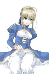Rule 34 | 1girl, ahoge, artoria pendragon (all), artoria pendragon (fate), blonde hair, bloomers, blue dress, blue ribbon, braid, braided bun, cleavage cutout, clothes lift, clothing cutout, commentary request, dress, dress lift, elf (stroll in the woods), fate (series), graphite (medium), green eyes, hair bun, hair ribbon, highres, long sleeves, looking at viewer, ribbon, saber (fate), short hair, simple background, sitting, solo, traditional media, underwear, white background
