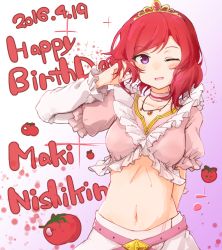 Rule 34 | 10s, 1girl, ;d, araco, birthday, character name, crop top, english text, happy birthday, looking at viewer, love live!, love live! school idol festival, love live! school idol project, midriff, navel, nishikino maki, one eye closed, open mouth, purple eyes, red hair, short hair, smile, solo, tomato