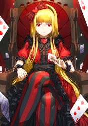 Rule 34 | 00s, 1girl, alice in wonderland, blonde hair, blunt bangs, card, chair, crossed legs, dress, frills, hair ornament, hairband, heart, heart hair ornament, holding, kfr, long hair, looking at viewer, pantyhose, playing card, queen of hearts (alice in wonderland), rec, red eyes, red theme, serious, sitting, solo, striped clothes, striped pantyhose, throne, vertical-striped clothes, vertical-striped pantyhose, wrist cuffs