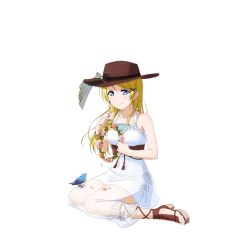Rule 34 | 10s, 1girl, ayase eli, bird, blonde hair, blue eyes, bow, cross-laced footwear, dress, feet, flower, hair down, hair ornament, hat, hat bow, high heels, long hair, love live!, love live! school idol festival, love live! school idol project, official art, sandals, see-through, sitting, smile, solo, sundress, toes, transparent background, white dress, wreath, x hair ornament