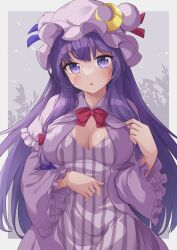 Rule 34 | 1girl, absurdres, blush, border, breasts, cleavage, crescent, crescent hat ornament, dress, frilled sleeves, frills, hat, hat ornament, highres, large breasts, long hair, long sleeves, looking at viewer, mob cap, open mouth, patchouli knowledge, purple dress, purple eyes, purple hair, purple hat, ramie (ramie541), revision, sidelocks, solo, striped clothes, striped dress, touhou, upper body, vertical-striped clothes, vertical-striped dress, white border, wide sleeves