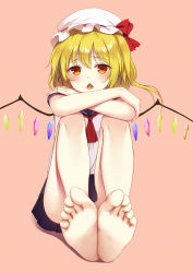 Rule 34 | 1girl, alternate costume, bare legs, barefoot, black skirt, blonde hair, blush, chestnut mouth, crossed arms, feet, feet together, flan (seeyouflan), flandre scarlet, foot focus, foreshortening, full body, hat, hat ribbon, highres, looking at viewer, miniskirt, mob cap, neckerchief, pleated skirt, red eyes, red ribbon, ribbon, sailor collar, school uniform, serafuku, side ponytail, sitting, skirt, soles, solo, toes, touhou
