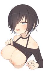 1girl black_hair black_shirt blue_eyes blush breasts clothes_lift commentary_request cropped_torso fang highres large_breasts long_sleeves medium_hair nipples open_mouth original rasusurasu shirt shirt_lift simple_background skin_fang smile solo wet white_background