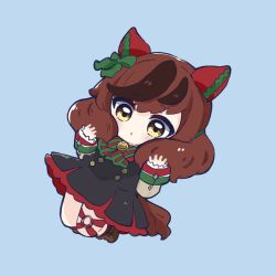 Rule 34 | 1girl, :o, animal ears, black dress, blue background, blush, boots, bow, brown eyes, brown footwear, brown hair, brown shirt, chibi, diagonal-striped bow, dress, ear bow, full body, green bow, hands up, highres, horse ears, horse girl, horse tail, long sleeves, looking at viewer, multicolored hair, nice nature (umamusume), nozo (hitomiz), parted lips, shirt, simple background, sleeves past wrists, solo, streaked hair, tail, twintails, umamusume