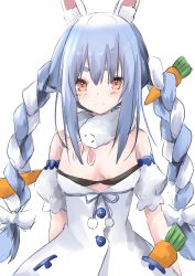 Rule 34 | 1girl, animal ear fluff, animal ears, black leotard, blue hair, blush, bow, braid, breasts, brown eyes, carrot, carrot hair ornament, closed mouth, detached sleeves, don-chan (usada pekora), dress, eyebrows hidden by hair, food-themed hair ornament, hair between eyes, hair bow, hair ornament, hayashi maka, highres, hololive, leotard, long hair, looking at viewer, multicolored hair, puffy short sleeves, puffy sleeves, rabbit ears, short eyebrows, short sleeves, simple background, small breasts, smile, strapless, strapless dress, strapless leotard, thick eyebrows, twin braids, twintails, two-tone hair, usada pekora, usada pekora (1st costume), very long hair, virtual youtuber, white background, white bow, white dress, white hair, white sleeves