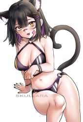 Rule 34 | 1girl, animal ears, arm support, artist name, bandaid, bandaid on face, bandaid on nose, bikini, black hair, black nails, bracelet, breasts, cat ears, cat girl, cat tail, choker, fang, hair between eyes, highres, indie virtual youtuber, jewelry, looking at viewer, multicolored hair, nail polish, o-ring, o-ring bikini, open mouth, purple hair, rainhoe, simple background, sitting, skullara, solo, swimsuit, tail, tongue, two-tone hair, virtual youtuber, watermark, white background, yellow eyes