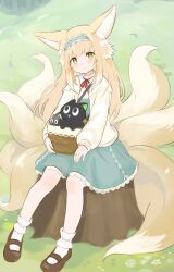 1girl absurdres animal_ears arknights basket black_cat blonde_hair cardigan cat dress fox_ears frilled_hairband frills green_eyes hairband heixiu highres looking_at_viewer luo_xiaohei multiple_tails official_alternate_costume onigiri_noe shoes sitting solo suzuran_(arknights) tail