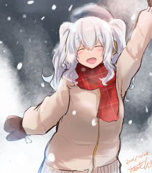 Rule 34 | 1girl, absurdres, alternate costume, brown coat, coat, closed eyes, highres, kantai collection, kashima (kancolle), long sleeves, mittens, open mouth, plaid, plaid shorts, red scarf, saamon (salmonkomaku), scarf, shorts, sidelocks, silver hair, solo, twintails, upper body, wavy hair