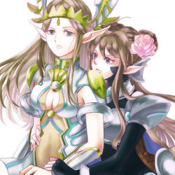 Rule 34 | 10s, 2girls, armor, breasts, brown hair, cardfight!! vanguard, cleavage, cleavage cutout, clothing cutout, flower, gloves, grey eyes, hand on own hip, leading jewel knight salome, long hair, multiple girls, pointy ears, pure heart jewel knight ashlei, purple eyes, royal paladin, sleeveless, yuri