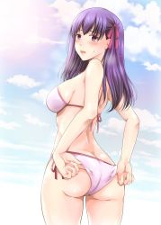 Rule 34 | 1girl, adjusting clothes, adjusting swimsuit, arino hiroshi, ass, bikini, blue sky, blush, butt crack, cloud, commentary request, cowboy shot, day, fate/stay night, fate (series), from behind, hair ribbon, highres, long hair, matou sakura, official alternate costume, open mouth, outdoors, purple eyes, purple hair, red ribbon, ribbon, side-tie bikini bottom, sky, solo, swimsuit, teeth, upper teeth only
