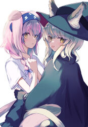 Rule 34 | 2girls, :o, :p, animal ear fluff, animal ears, arknights, black gloves, blue cloak, blue hairband, blue headwear, blue skirt, braid, cat ears, cat girl, cat tail, cloak, closed mouth, commentary request, deyuaru, ears through headwear, fingerless gloves, frilled skirt, frills, gloves, goldenglow (arknights), hair over shoulder, hairband, hat, haze (arknights), highres, lightning bolt print, long hair, multiple girls, parted lips, pink hair, print hairband, shirt, short sleeves, simple background, single braid, skirt, smile, tail, tongue, tongue out, white background, white hair, white shirt, witch hat, yellow eyes