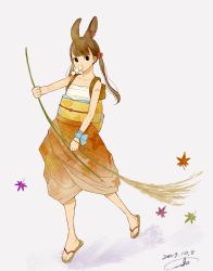 Rule 34 | 1girl, animal ears, armband, bare shoulders, black eyes, blunt bangs, brown hair, commentary request, dated, eating, grey background, highres, holding, japanese clothes, leaf, long hair, looking at viewer, maple leaf, mouth hold, no socks, obi, original, rabbit ears, rabbit girl, sako (35s 00), sandals, sarashi, sash, signature, simple background, solo, standing, tattoo, tsukimi, walking