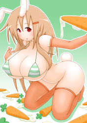 Rule 34 | 1girl, animal ears, bent over, bikini, bottomless, breasts, brown hair, carrot, elbow gloves, female focus, gloves, green bikini, hair ornament, hairclip, highres, huge breasts, kneeling, long hair, original, rabbit ears, rabbit tail, red eyes, sexually suggestive, solo, string bikini, striped bikini, striped clothes, suggestive fluid, swimsuit, tail, thighhighs, yuma-24