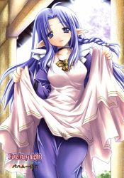 Rule 34 | 00s, apron, blue hair, blush, fate/stay night, fate (series), highres, medea (fate), pointy ears, purple eyes, solo