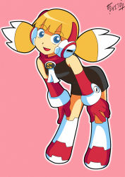 Rule 34 | 1girl, blonde hair, blue eyes, boots, call (mighty no. 9), call h, detached sleeves, dress, gloves, hands on own knees, knee boots, leaning back, long hair, mighty no. 9, red gloves, robot ears, scarf, short dress, shoutaro saito, smile, solo, twintails