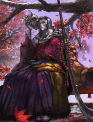 Rule 34 | 1girl, chuno (akiaji81), closed mouth, corrupted monk, female focus, hakama, hakama skirt, highres, holding, holding sword, holding weapon, japanese clothes, leaf, long sleeves, looking at viewer, maple leaf, mask, oni mask, outdoors, pale skin, plant, planted, planted sword, planted weapon, purple hakama, red eyes, sekiro: shadows die twice, sitting, skirt, sky, solo, sword, tabi, tree, uchigatana, weapon, wide sleeves
