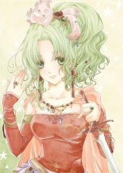 Rule 34 | 1990s (style), 1girl, bracelet, breasts, cape, earrings, elbow gloves, female focus, final fantasy, final fantasy vi, fingerless gloves, gloves, gradient background, green eyes, green hair, hair ornament, hair ribbon, highres, jewelry, long hair, matching hair/eyes, ponytail, retro artstyle, ribbon, ring, smile, solo, sword, tina branford, weapon, yzkring