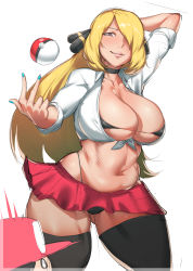 Rule 34 | 1girl, absurdres, blonde hair, blush, breasts, cleavage, creatures (company), curvy, cynthia (pokemon), game freak, grey eyes, heart, heart-shaped pupils, highres, huge breasts, long hair, looking at viewer, midriff, nail polish, natedecock, nintendo, poke ball, pokemon, pokemon dppt, smile, sweat, symbol-shaped pupils, thick thighs, thighs, wide hips