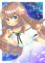 Rule 34 | 1girl, :o, bare shoulders, black ribbon, blush, brown hair, choker, collarbone, commentary request, dress, frilled dress, frills, gradient dress, green eyes, hair between eyes, hair ornament, holding, holding star, indie virtual youtuber, kou hiyoyo, long hair, looking at viewer, off-shoulder dress, off shoulder, parted lips, puffy short sleeves, puffy sleeves, purple dress, ribbon, s-s-sweets, short sleeves, solo, star (symbol), star hair ornament, very long hair, virtual youtuber, white choker, white dress