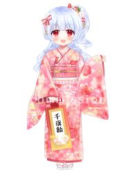 Rule 34 | 1girl, :d, blush, bow, commission, copyright request, floral print, flower, full body, grey hair, hair bow, hair flower, hair ornament, holding, japanese clothes, kimono, long hair, long sleeves, looking at viewer, obi, one side up, open mouth, pinching sleeves, pink kimono, print kimono, red bow, red eyes, sandals, sash, shikito (yawa0w0), simple background, skeb commission, sleeves past wrists, smile, socks, solo, standing, tabi, translation request, watermark, white background, white flower, white footwear, white socks, wide sleeves, zouri