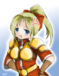 Rule 34 | 1girl, armor, belt, blonde hair, blue eyes, blush, breasts, coat, dragon quest, dragon quest heroes, gloves, long hair, meer (dqh), open mouth, ponytail, ribbon, shoulder pads