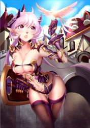 Rule 34 | 1girl, :o, bird, breasts, cleavage, demon horns, gauntlets, gluteal fold, horns, jiuling, long hair, medium breasts, navel, original, pointy ears, purple eyes, purple hair, revealing clothes, shield, shoulder spikes, solo, spikes, thigh gap, thighhighs, town, very long hair