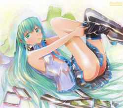 Rule 34 | 1girl, adjusting clothes, adjusting legwear, black footwear, black thighhighs, boots, green eyes, green hair, hatsune miku, headphones, headphones around neck, legs, long hair, matching hair/eyes, mayo riyo, mouth hold, necktie, open clothes, open shirt, plantar flexion, putting on shoes, shirt, skirt, solo, spring onion, thigh boots, thighhighs, very long hair, vocaloid