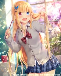 Rule 34 | 1girl, blonde hair, blue bow, blue bowtie, blue eyes, blue skirt, blush, bow, bowtie, bracelet, breasts, butterfly hair ornament, cleavage, coffee mug, cup, falkyrie no monshou, fang, hair ornament, heterochromia, jewelry, long hair, long sleeves, looking at viewer, medium breasts, mug, natsumekinoko, official art, open mouth, plaid, plaid skirt, red eyes, skirt, solo, standing, sweater vest, toothbrush, uniform