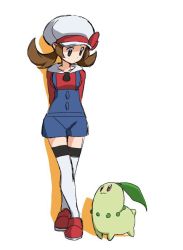 Rule 34 | 1girl, :3, arms behind back, brown eyes, brown hair, chikorita, closed mouth, creatures (company), full body, game freak, gen 2 pokemon, hat, looking down, lyra (pokemon), nintendo, overalls, pokemon, pokemon (creature), pokemon hgss, red footwear, shoes, sketch, thighhighs, twintails, white background, white headwear, white thighhighs, yoko.u