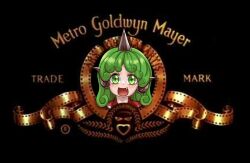 Rule 34 | 1girl, :d, black background, commentary, english commentary, fang, green eyes, green hair, highres, horns, komano aunn, kyoto kiranami, logo parody, looking at viewer, metro-goldwyn-mayer, open mouth, parody, single horn, smile, solo, touhou