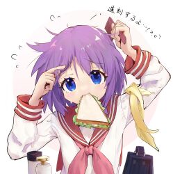 Rule 34 | absurdres, ap04astral, bag, blue eyes, bottle, comb, commentary request, flying sweatdrops, food, highres, hiiragi tsukasa, looking at viewer, lucky star, mouth hold, neckerchief, pink neckerchief, purple hair, red sailor collar, ryouou school uniform, sailor collar, sandwich, school bag, school uniform, serafuku, shirt, short hair, simple background, unworn ribbon, upper body, white background, white shirt