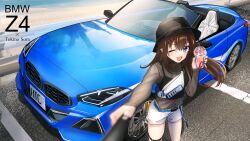 Rule 34 | 1girl, beach, belt, black camisole, black hat, black shirt, blue belt, blue eyes, blue nails, bmw, bmw z4, breasts, brown hair, camisole, car, character name, convertible, covered navel, fanny pack, floating hair, hat, highres, holding, hololive, long hair, motor vehicle, multicolored nails, official alternate costume, purple nails, red nails, see-through, see-through shirt, selfie, selfie stick, shirt, shorts, skindentation, small breasts, smile, solo, thigh strap, tokino sora, tokino sora (streetwear), vehicle focus, vehicle name, virtual youtuber, white shorts, you&#039;a