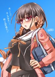Rule 34 | 1girl, :o, bag, black hair, black shirt, black skirt, blue sky, blush, braid, breasts, brown hair, commentary request, dated, fate/grand order, fate (series), glasses, inoue tomii, jacket, large breasts, long hair, multicolored hair, open clothes, open jacket, osakabehime (fate), pink jacket, purple eyes, red-framed eyewear, school bag, school uniform, serafuku, shirt, signature, skirt, sky, solo, translation request, two-tone hair, under the same sky