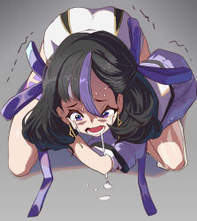 Rule 34 | 1girl, bent over, black hair, crying, crying with eyes open, earrings, goddess of victory: nikke, gold earrings, hair ribbon, highres, jacket, jewelry, kneeling, mole, mole under eye, multicolored hair, multicolored shirt, off-shoulder jacket, off shoulder, pain, purple eyes, purple hair, purple jacket, purple ribbon, ribbon, saliva, short hair, skirt, solo, streaked hair, syope, syuen (nikke), tears, two-tone hair, white skirt