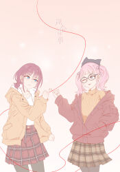 2girls absurdres black_pantyhose black_ribbon blue_eyes brown_hair brown_jacket brown_skirt brown_sweater chinese_commentary chromatic_aberration closed_mouth collarbone commentary_request earrings girls_band_cry glasses grey-framed_eyewear hair_ribbon hand_in_pocket hand_up highres hina_(girls_band_cry) hood hood_down hooded_jacket innoarukugyou iseri_nina jacket jewelry long_sleeves looking_at_another low_twintails multiple_girls one_eye_closed open_clothes open_jacket pantyhose pink_hair pinky_out plaid_clothes plaid_skirt pleated_skirt pout red_jacket red_skirt ribbed_sweater ribbon shirt short_hair short_twintails sidelocks skirt song_name string string_of_fate sweater tongue tongue_out translated twintails white_shirt