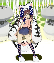 Rule 34 | 1girl, animal ears, animal hands, blue eyes, brown hair, fake animal ears, fingerless gloves, gloves, life vest, long hair, nature, okama, one-piece swimsuit, open mouth, original, outdoors, school swimsuit, solo, standing, swimsuit, tail, thigh gap, thighhighs, tree, twintails