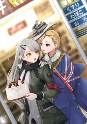 Rule 34 | 2girls, :d, annoyed, ascot, azur lane, birthday, black scarf, blonde hair, blue capelet, blue eyes, blue shirt, blue skirt, blurry, blurry background, buttons, cake, capelet, commentary, crossover, earrings, food, fur, fur collar, fur trim, girls&#039; frontline, gloves, hand on another&#039;s shoulder, hands up, hat, heads together, highres, holding, hood (azur lane), jewelry, long hair, long sleeves, looking at another, merry christmas, mg4 (girls&#039; frontline), military, military uniform, multiple girls, open clothes, open mouth, outdoors, pocket, scarf, shirt, shiryuu akira, skirt, skirt set, smile, uniform, union jack, upper body, very long hair, white gloves, white hair, white shirt, yellow eyes