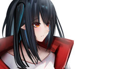 Rule 34 | 1girl, arknights, bad id, bad pixiv id, binggong asylum, black choker, black hair, choker, closure (arknights), commentary request, halterneck, highres, jacket, long hair, long sleeves, open clothes, open jacket, orange eyes, parted lips, pointy ears, shirt, simple background, smile, solo, upper body, white background, white shirt