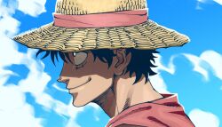 Rule 34 | 1boy, 2023, artist name, barbarvsah, black hair, closed mouth, cloud, cloudy sky, commentary, english commentary, facial scar, from side, hat, male focus, monkey d. luffy, one piece, scar, scar on cheek, scar on face, short hair, sky, smile, solo, straw hat